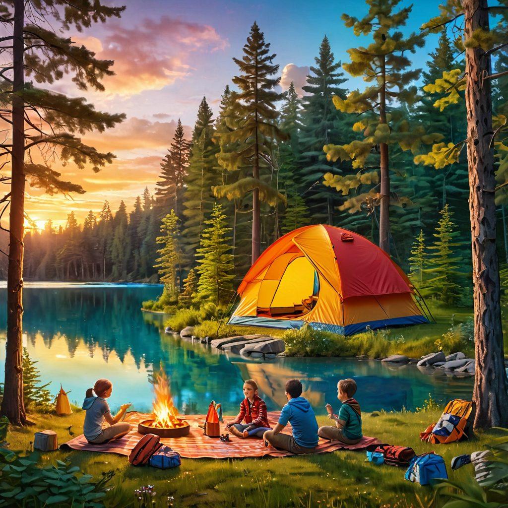 A joyful family setting up a colorful tent in a lush green forest, surrounded by tall trees and a sparkling blue lake. Children playing with a frisbee while parents prepare a picnic with a vibrant sunset in the background. Incorporate elements like backpacks, a campfire with marshmallows, and wildlife peeking through the trees for a wholesome atmosphere. illustration style with warm tones and friendly characters. vibrant colors. nature-themed.