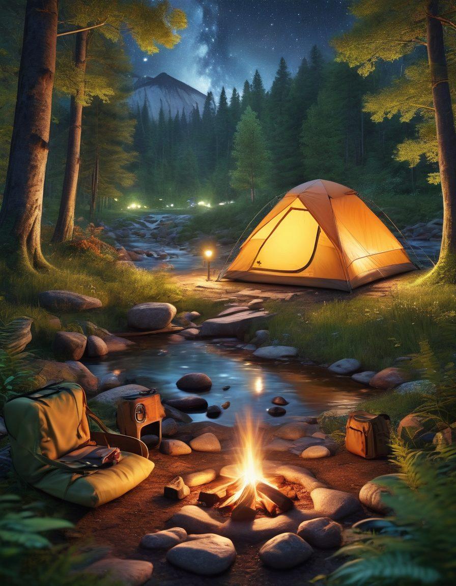 A serene campsite nestled in a lush green forest, showcasing a cozy tent with eco-friendly gear, a campfire softly glowing under a starlit sky. Nearby, a nature enthusiast with a backpack studies a map, symbolizing wilderness safety. Include diverse trees and a gently flowing stream for tranquility. super-realistic. vibrant colors. nature-focused.