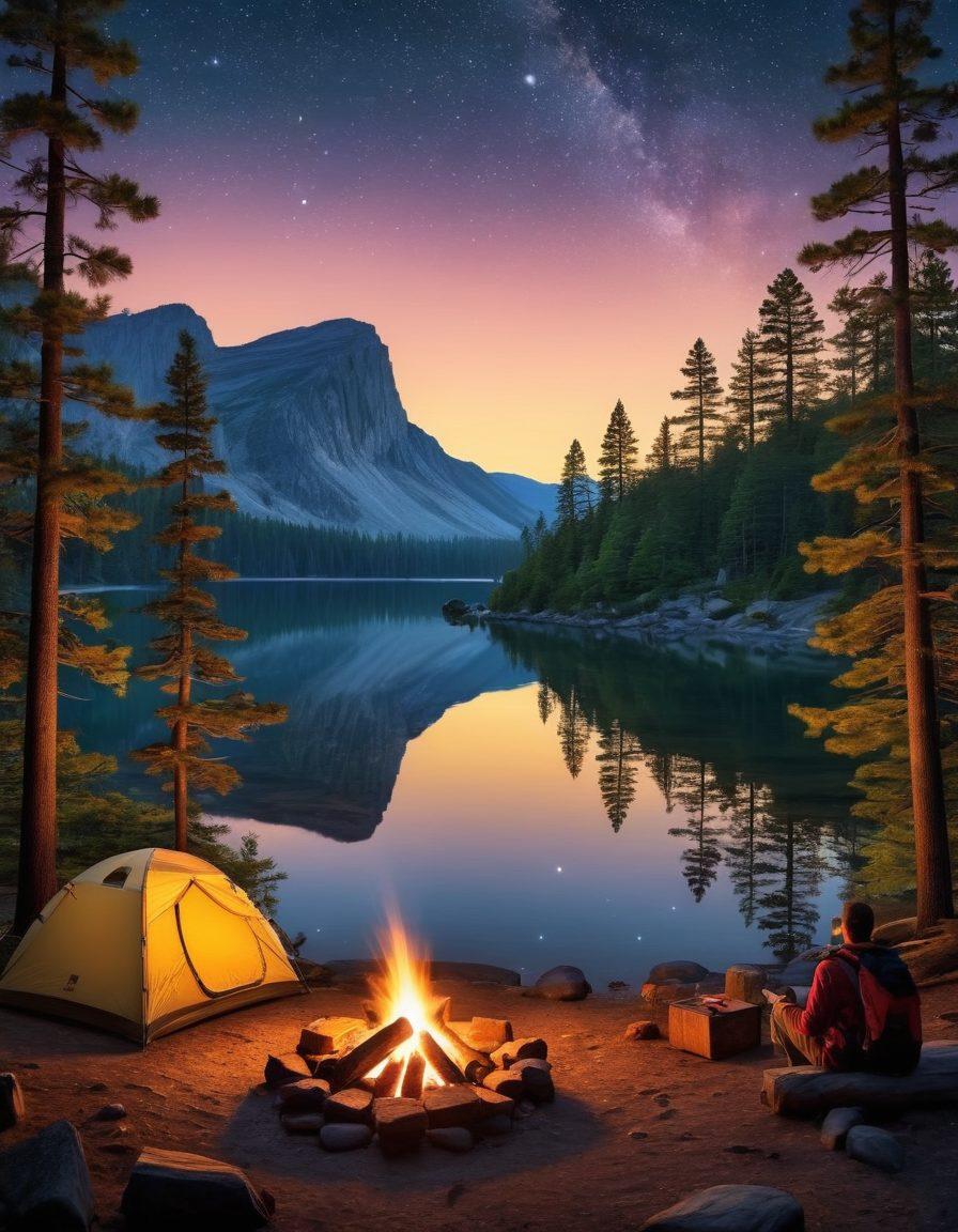 A breathtaking landscape showcasing a serene campsite surrounded by towering pine trees and a shimmering lake under a starlit sky. Include a cozy campfire with people enjoying s'mores, various camping gear like tents and backpacks scattered around. Add a mountain backdrop with a hint of sunrise peeking through. Capture the essence of adventure and relaxation in nature. super-realistic. vibrant colors.